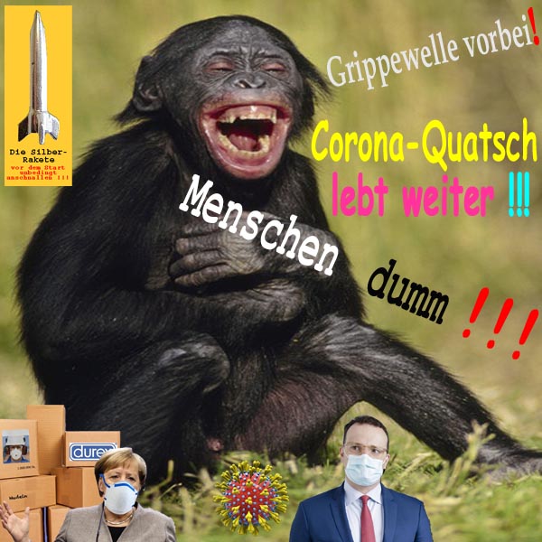 SilberRakete Affe lacht Grippe vorbei CoronaQuatsch lebt weiter Menschen dumm Merkel Spahn Maske