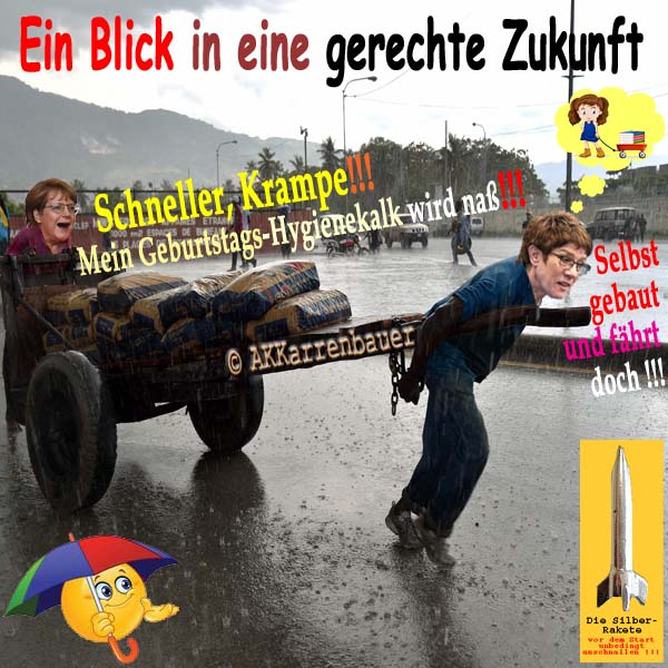 SilberRakete Blick in gerechte Zukunft Merkel Geburtstagskalk AKKarrenbauer zieht Wagen im Regen