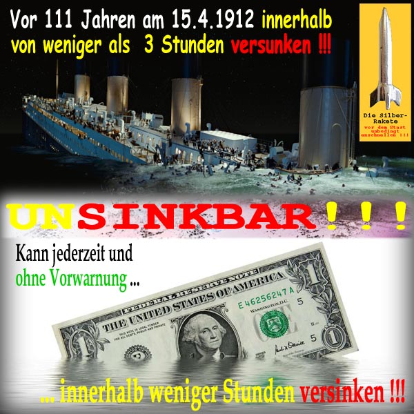 SilberRakete Unsinkbar Titanic vor 111Jahren Dollar jederzeit