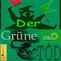 SilberRakete_Der-Gruene-Tod-Buendnis90-DieGruenen-Figur-Rot-Gruene-Fahnen-Totenschaedel