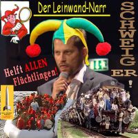 SilberRakete_Leinwand-Narr-Till-Schweiger-Narrenkappe-Helft-allen-Fluechtlingen-SCHWEIG-ER