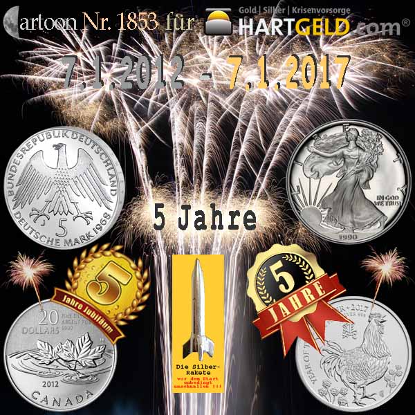 SilberRakete 5Jahre 2012bis2017 Cartoon1853 HG Feuerwerk SILBER 5DM1968 Liberty1990 Blatt2012 Hahn2017