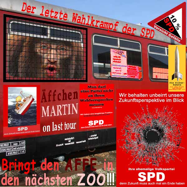 SilberRakete Der letzte Wahlkrampf der SPD Aeffchen Martin Schulz hinter Gitter in Bahnwaggon In den ZOO