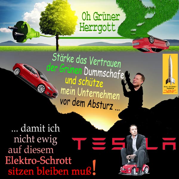SilberRakete ElonMusk TESLA Gruener Gott Staerke Vertrauen Dummschafe Unternehmen vor Absturz Elektroschrott