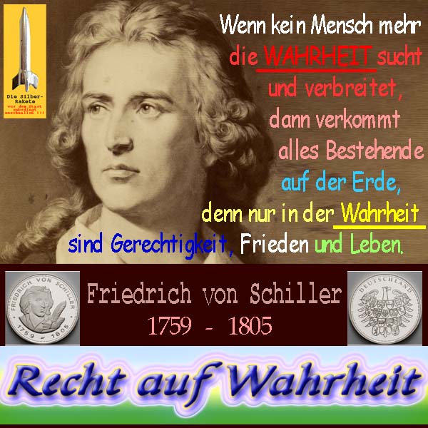 SilberRakete Friedrich von Schiller Recht auf Wahrheit Gerechtigkeit Frieden Leben auf Erde Muenze SILBER