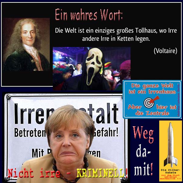 SilberRakete Voltaire Welt grosses Tollhaus wo Irre andere Irre in Ketten legen Merkel Irrenhaus Zentrale